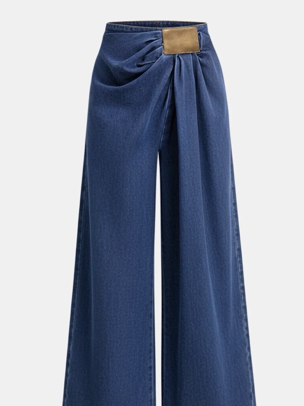 Commense BLUE Asymmetrical Ruched Denim Wide-Leg Pants Xl